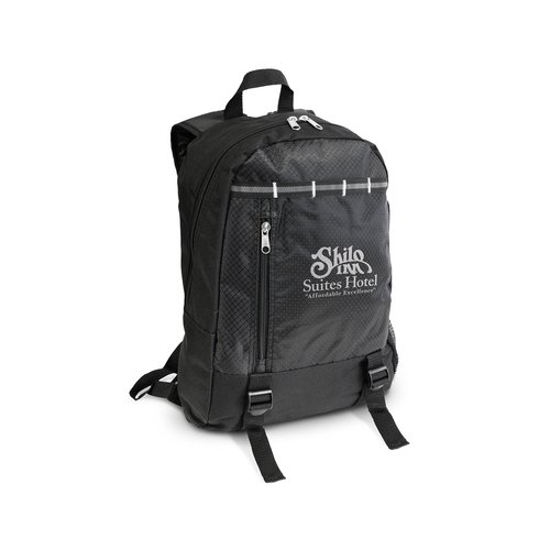 Custom campus daypack backpack with printed logo showing compartment capacity, Malaysia