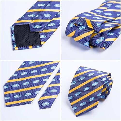 Custom slim 7cm tie showing corporate logo placement