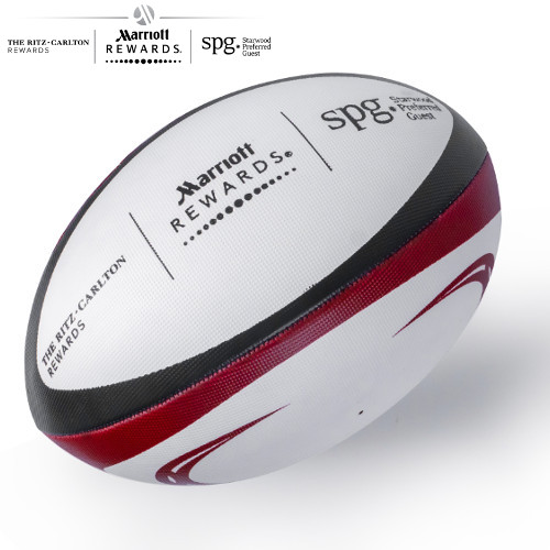 Custom rugby ball with printed logo across the panels, Malaysia