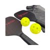 Two pickleball paddles with yellow balls