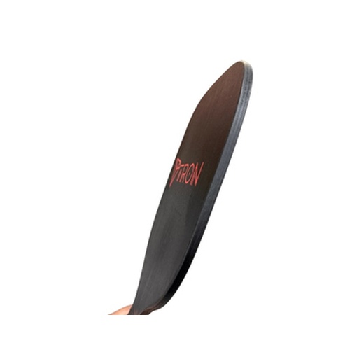 Side view of a dark-finish pickleball paddle with a printed logo