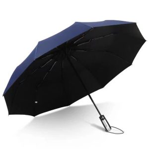 Custom 10-rib automatic business tri-fold umbrella in navy with anti-UV canopy
