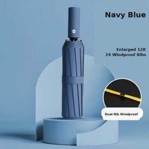 Custom 12-rib automatic windproof tri-fold umbrella in navy with 24 fibreglass ribs