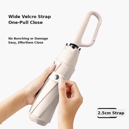 Custom 23-Inch Two-Tone Carabiner Umbrella Strap Wide 2.5cm velcro strap on the custom 23-inch two-tone carabiner umbrella for quick close