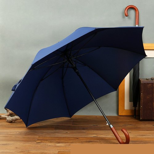 Navy custom 25-inch wood-handle straight umbrella, open