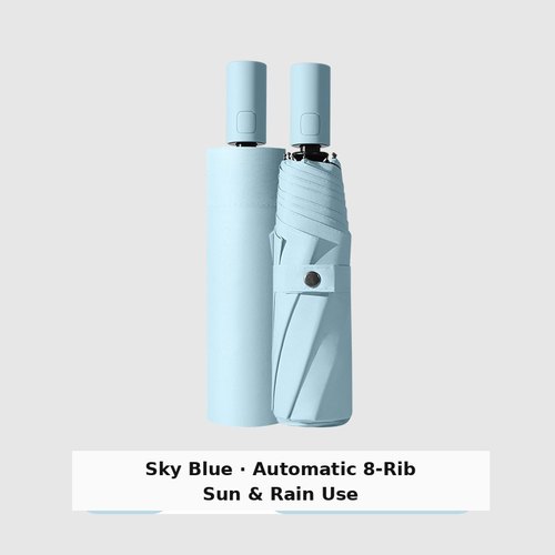 Sky blue custom automatic 8-rib open-close tri-fold umbrella, sun and rain use