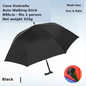 Custom cane walking-stick umbrella in black with T-handle and anti-slip foot