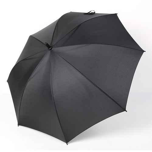 Black custom double-rib straight umbrella with rubber crook handle, open