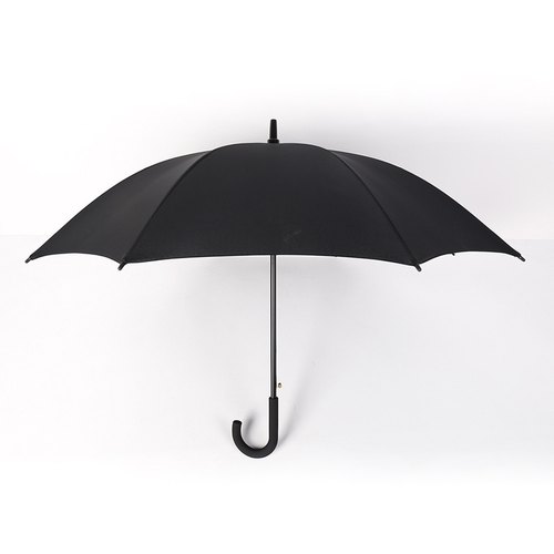Custom double-rib straight umbrella in black with rubber crook handle, open