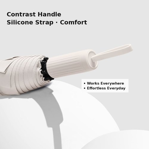 Custom Fibreglass Striped-Handle Tri-Fold Umbrella Handle Contrast striped handle with silicone strap on the custom fibreglass tri-fold umbrella