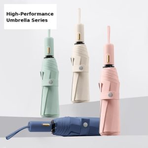 Custom gold-button automatic tri-fold umbrella in green, cream, pink and blue pastels