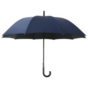 Custom leather-handle straight umbrella in navy with fibreglass frame, open