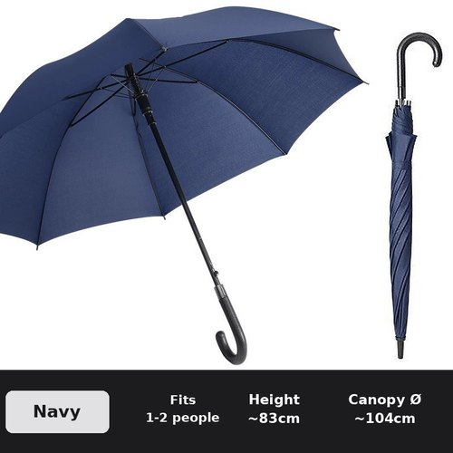 Navy custom leather-handle straight umbrella open and folded, fits 1-2 people