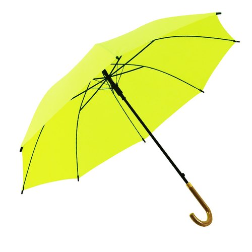 Custom wood-handle straight umbrella in lime green with solid wood crook handle, open
