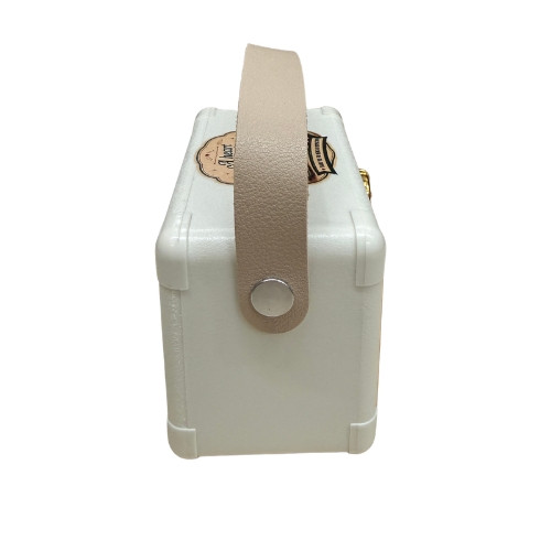 Classic Desk Radio Bluetooth Speaker Side View Showing Carry Handle Strap Side view of the classic desk radio bluetooth speaker showing the press-stud woven carry strap