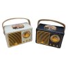 Classic Desk Radio Bluetooth Speaker Front View in White and Black Front view of the classic desk radio bluetooth speaker in white and black with gold grille and woven carry strap