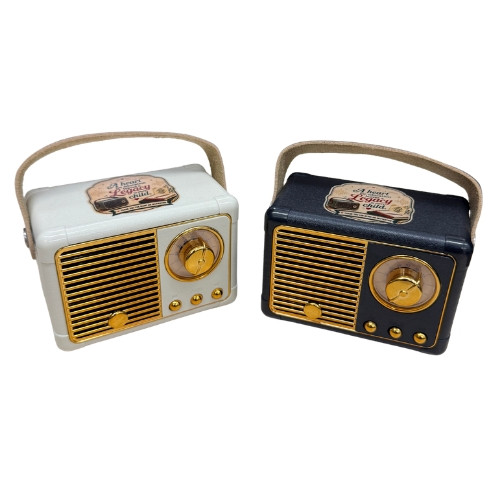 Classic Desk Radio Bluetooth Speaker Front View in White and Black Front view of the classic desk radio bluetooth speaker in white and black with gold grille and woven carry strap