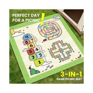 Custom 3-in-1 board game picnic mat printed with snakes and ladders, hopscotch and ludo, laid on grass beside a tent