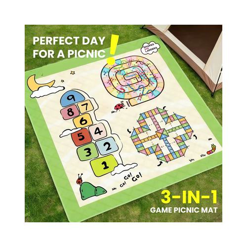 Custom 3-in-1 board game picnic mat printed with snakes and ladders, hopscotch and ludo, laid on grass beside a tent