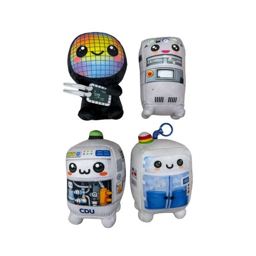 Four custom blind box soft toy mascot characters designed for a semiconductor cleanroom campaign, Malaysia