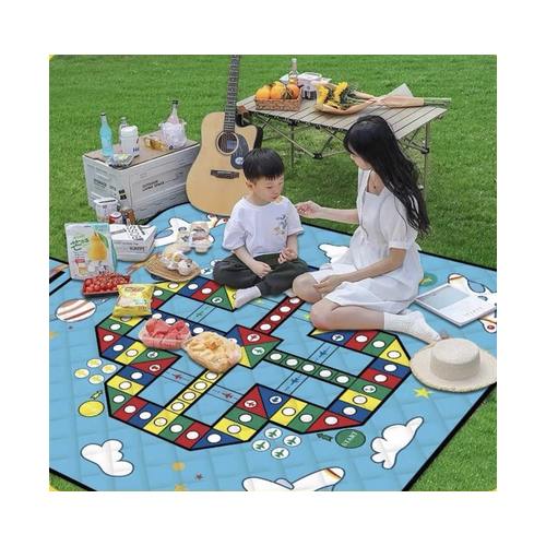 Alternative ludo artwork of the custom board game picnic mat in use at a family picnic