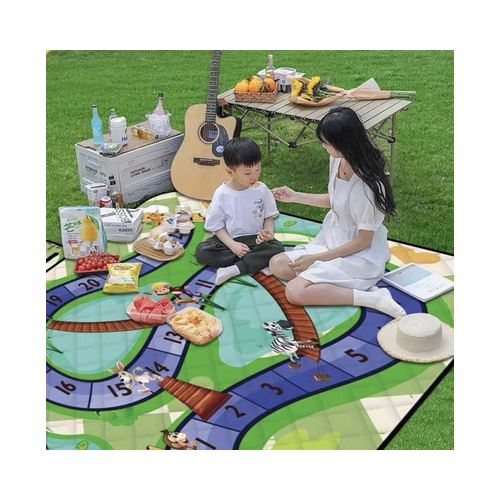 Alternative numbered trail artwork of the custom board game picnic mat at a family picnic