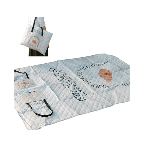 Custom foldable picnic mat tote bag shown as a shoulder tote and opened flat into a waterproof picnic mat
