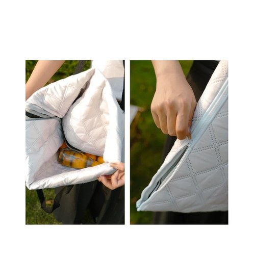 Close-up of the zipper and quilted padding on the custom foldable picnic mat tote bag