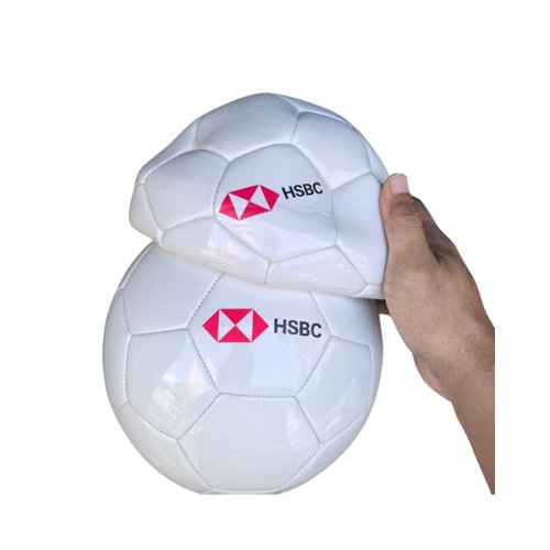 Two custom printed size 5 footballs held in hand showing printed logo placement, Malaysia