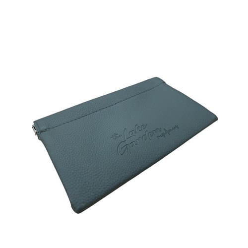 Angled view of custom PU leather access card and keys pouch showing the side zip pull, Malaysia