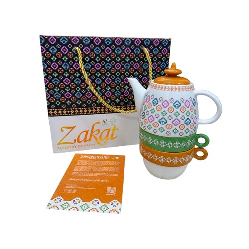 Custom Teapot and Two Cup Ceramic Gift Set with printed insert card and gift bag, corporate gift by Aquaholic Gifts Malaysia