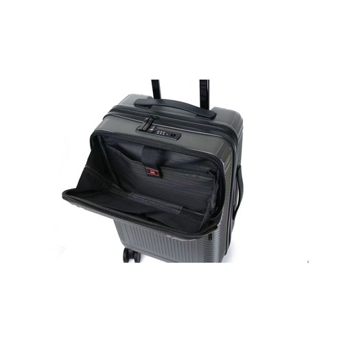 Front laptop compartment of a custom cabin suitcase open to show the padded sleeve and TSA lock, Malaysia