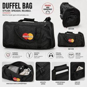 Feature overview of a custom duffel gym bag: durable fabric, smooth zips, strong handles and an end zip pocket, Malaysia