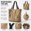 Feature overview of a custom foldable shopper bag: water-resistant nylon, shoulder straps, clip-on round pouch folding to 16cm, Malaysia