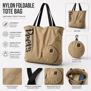 Feature overview of a custom foldable shopper bag: water-resistant nylon, shoulder straps, clip-on round pouch folding to 16cm, Malaysia