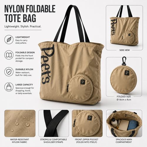 Feature overview of a custom foldable shopper bag: water-resistant nylon, shoulder straps, clip-on round pouch folding to 16cm, Malaysia