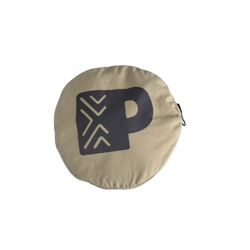 Round zip pouch of a custom foldable shopper bag showing the printed brand panel in Malaysia