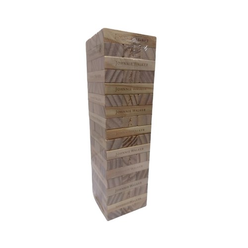 Close-up of custom printed jenga blocks stacked into a tower for a Malaysia brand campaign