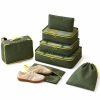 Custom 7-piece packing cube set in olive green with contrast zips, full set laid out, Malaysia