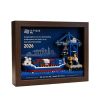 Custom brick model framed diorama of a vessel and port crane with minifigure