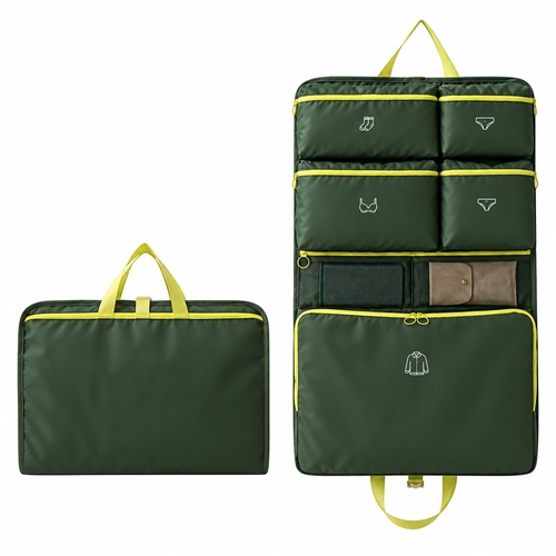 Custom hanging travel organiser shown folded with carry handle and unfolded with six compartments, Malaysia