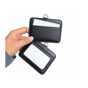 Custom horizontal leather pass holder held in hand, smooth PU finish with centre D-ring, Malaysia