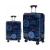 Custom elastic luggage cover in navy passport-stamp print on a cabin and a large suitcase, Malaysia