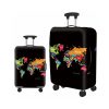 Custom elastic luggage cover in black world-map print shown on two suitcase sizes, Malaysia
