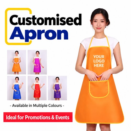 Contrast-trim bib apron shown in orange, magenta, blue, red and purple