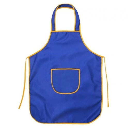 Royal blue bib apron with yellow contrast binding and curved front pocket