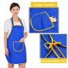 Royal blue apron with yellow trim, large front pocket and extra-long waist straps