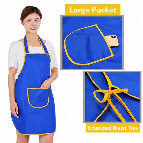 Royal blue apron with yellow trim, large front pocket and extra-long waist straps