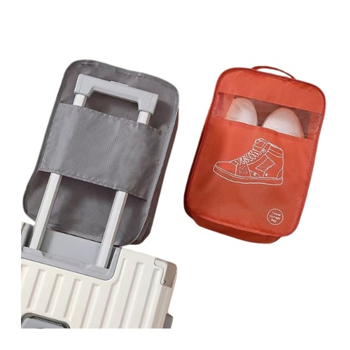 Custom travel shoe bag with clear front window and rear trolley sleeve on a suitcase handle, Malaysia