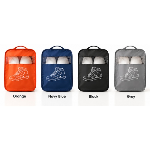 Custom shoe bag in orange, navy blue, black and grey with sneaker line-art print, Malaysia